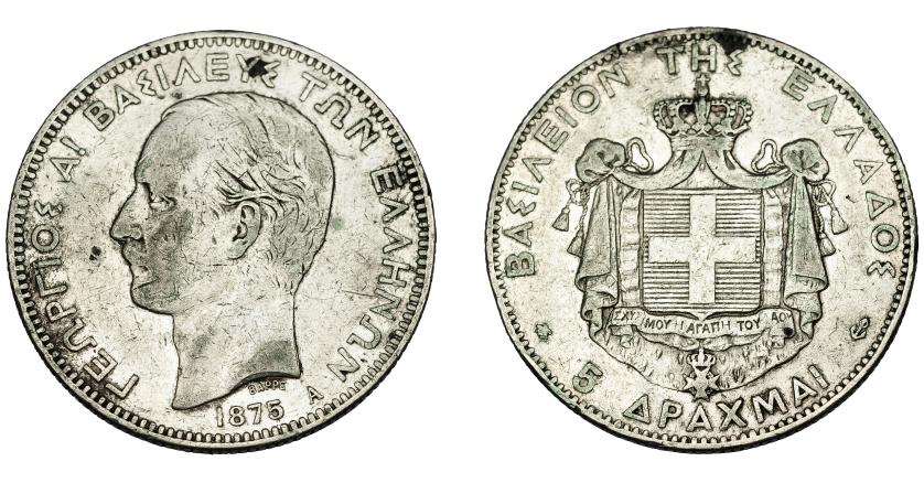 697   -  MONEDAS EXTRANJERAS. GRECIA. 5 dracmas. 1875 A. KM-46. Manchitas de óxido. MBC.