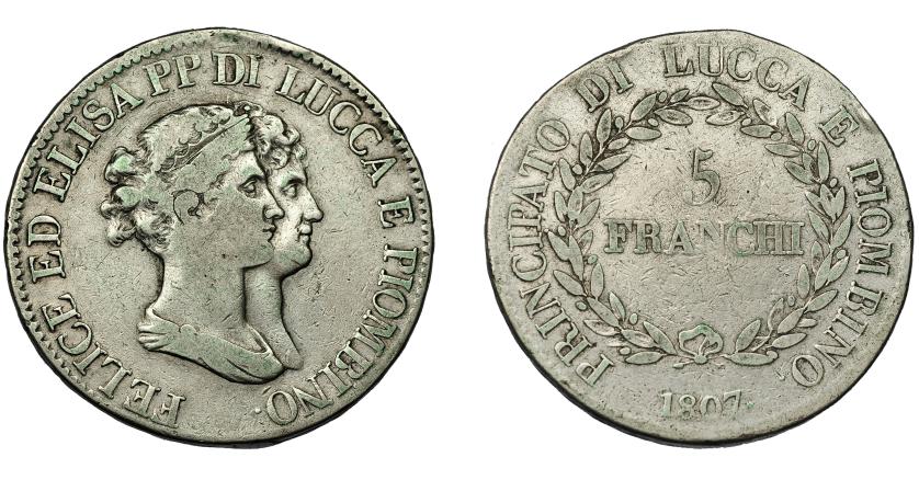 705   -  MONEDAS EXTRANJERAS. ESTADOS ITALIANOS. Lucca. 5 franchi. 1807. KM-24.3. Golpes en canto. BC+/MBC-.