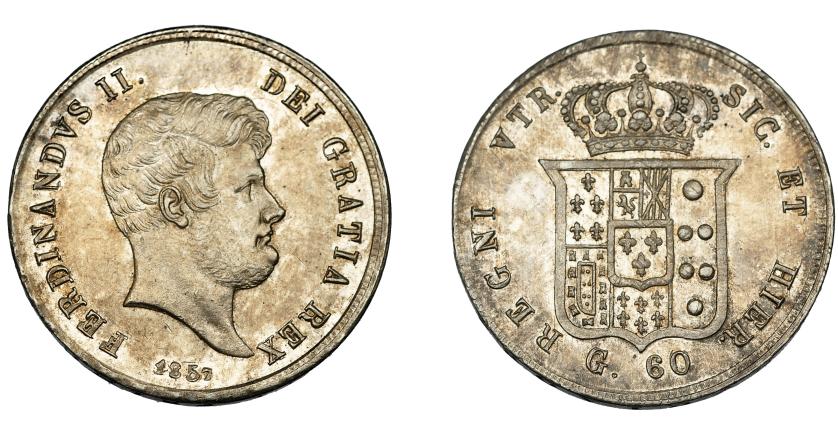 706   -  MONEDAS EXTRANJERAS. ESTADOS ITALIANOS. Nápoles y Dos Sicilias. Fernando II. 1/2 piastra. 1857. 60 grana. KM-C-152c. B.O. EBC+.