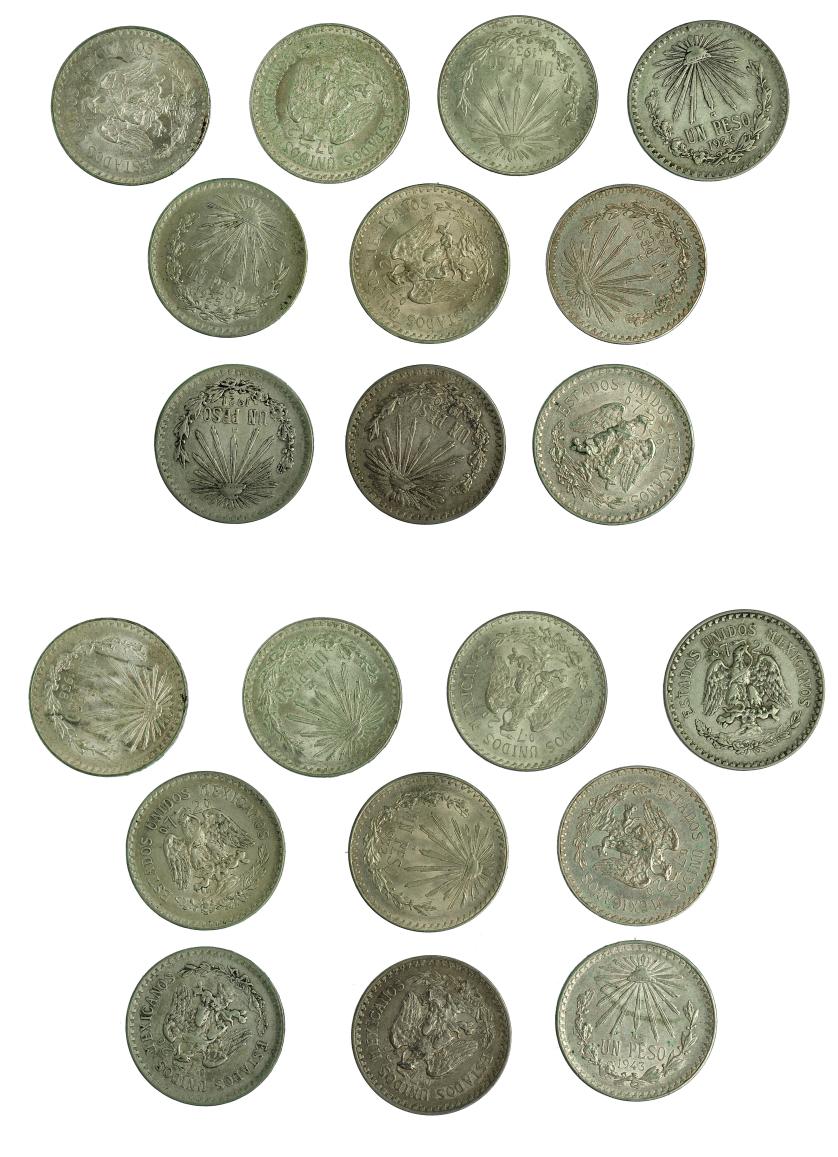 718   -  MONEDAS EXTRANJERAS. MÉXICO. Lote de 10 monedas de un peso. 1920, 1921, 1925, 1926, 1932, 1933, 1934, 1938, 1943 Y 1945. KM-455. MBC/EBC.