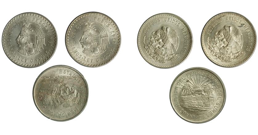 719   -  MONEDAS EXTRANJERAS. MÉXICO. Lote de 3 monedas de 5 pesos. 1947, 1948 y 1950. México. KM-465 y 466. SC.