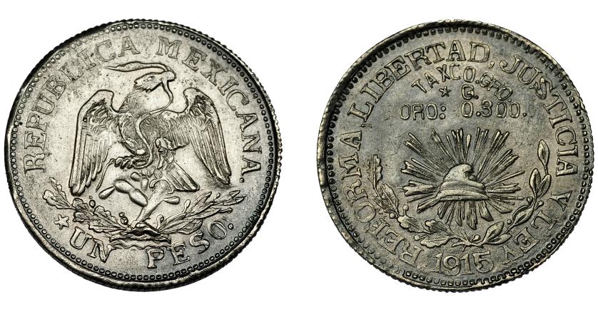 726   -  MONEDAS EXTRANJERAS. MÉXICO. Un peso. 1915. Monedas revolucionarias. Taxco. KM-672. MBC+.