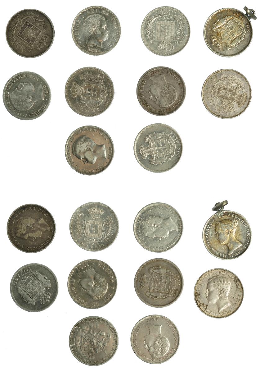 735   -  MONEDAS EXTRANJERAS. PORTUGAL. Lote de 10 monedas de 500 reis. 1847, 1856, 1857, 1858, 1870, 1887, 1891, 1896, 1908 y 1910. MBC-/MBC+.