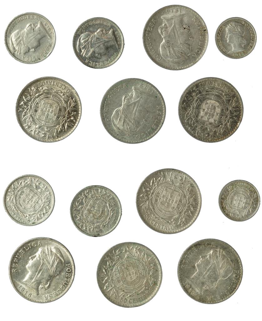 736   -  MONEDAS EXTRANJERAS. PORTUGAL. Lote de 7 piezas. 50 centavos (4): 1912, 1913, 1914 y 1916; 20 centavos (2): 1913 y 1916; 10 centavos, 1915. MBC+/EBC.