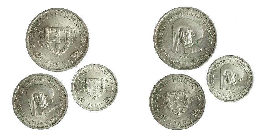 740   -  MONEDAS EXTRANJERAS. PORTUGAL.  Lote de 3 piezas de 5, 10 y 20 escudos. 1960. V Centenario del fallecimiento del príncipe Enrique. KM-589, 588 y 587. SC.