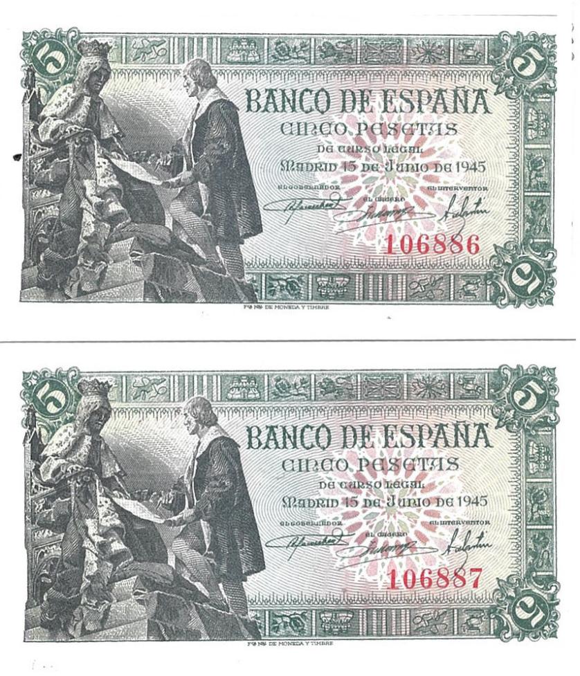 755   -  BILLETES ESPAÑOLES. BANCO DE ESPAÑA. Lote de 2 billetes de 5 pesetas. 12-1945. Pareja correlativa. Sin serie. ED-D50. Plancha.