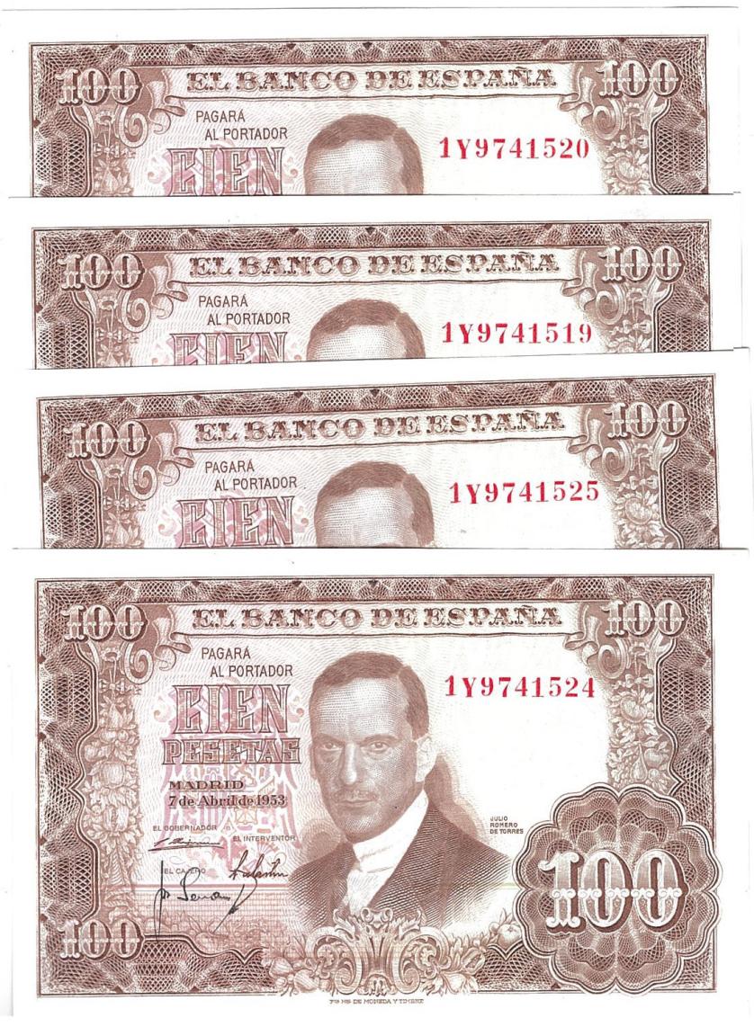 756   -  BILLETES ESPAÑOLES. BANCO DE ESPAÑA. Lote de 2 parejas correlativas de 100 pesetas. 4-1953. Serie 1Y. ED-D65b. Plancha.
