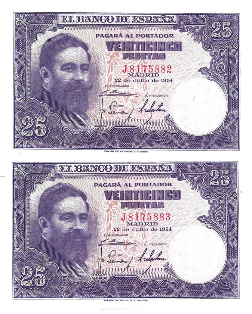 758   -  BILLETES ESPAÑOLES. BANCO DE ESPAÑA. Lote de 2 billetes de 25 pesetas. 7-1954. Pareja correlativa. Serie J. ED-D68a. Plancha.