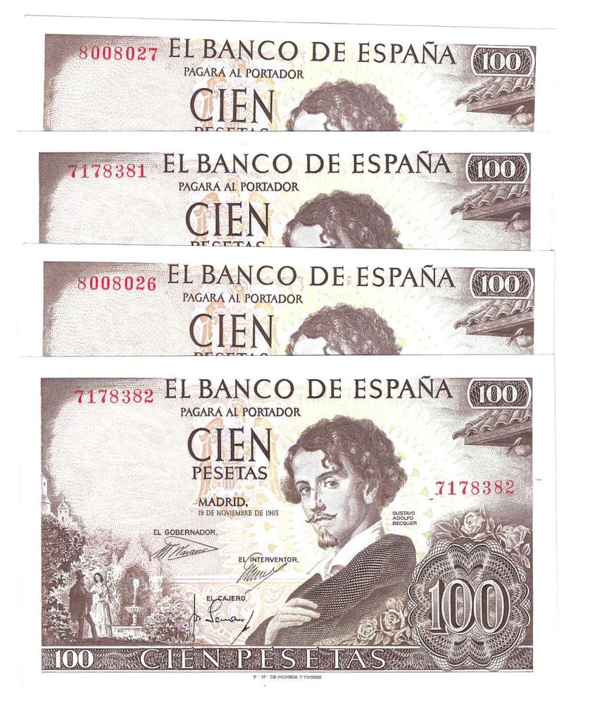 760   -  BILLETES ESPAÑOLES. Lote de 2 parejas correlativas. 100 ptas. 19 noviembre 1965. Sin serie. G. A. Bécquer. ED-D71. Plancha.