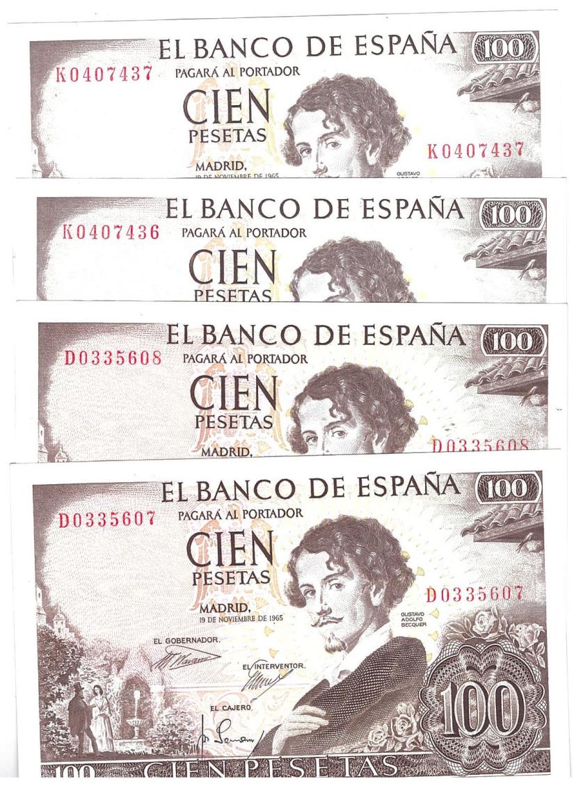 761   -  BILLETES ESPAÑOLES. BANCO DE ESPAÑA. Lote de  parejas correlativas de 100 pesetas. 11-1965. Series D y K. ED-D71a. Plancha.