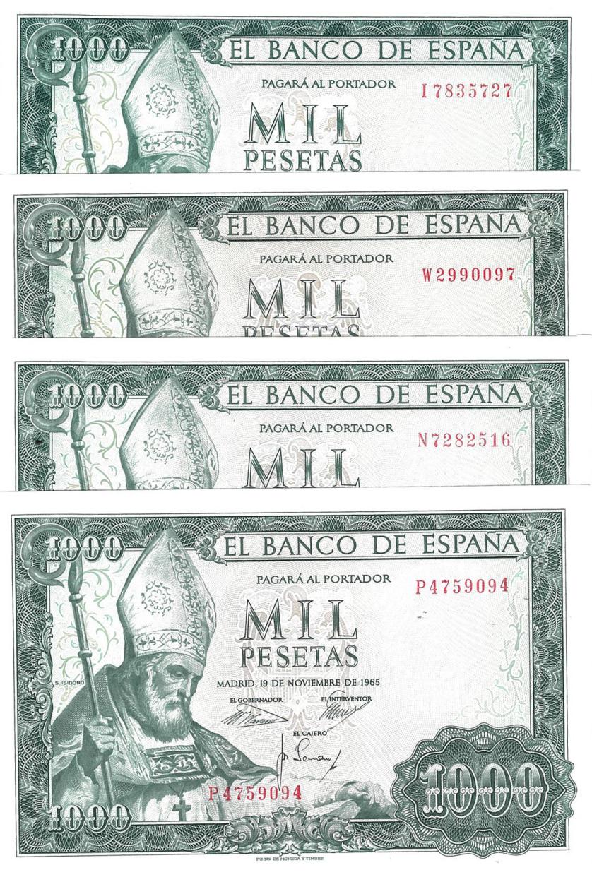 762   -  BILLETES ESPAÑOLES. BANCO DE ESPAÑA. Lote de 4 billetes de 1000 pesetas. 11-1965. Series I, N, P y W. ED-D72a. Plancha.