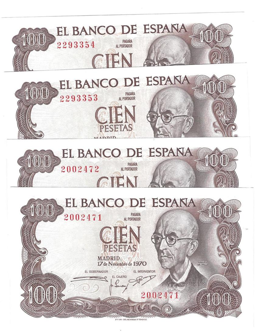 763   -  BILLETES ESPAÑOLES. BANCO DE ESPAÑA. Lote de 2 parejas correlativas de 100 pesetas. 11-1970. Sin serie. ED-D73. Plancha.