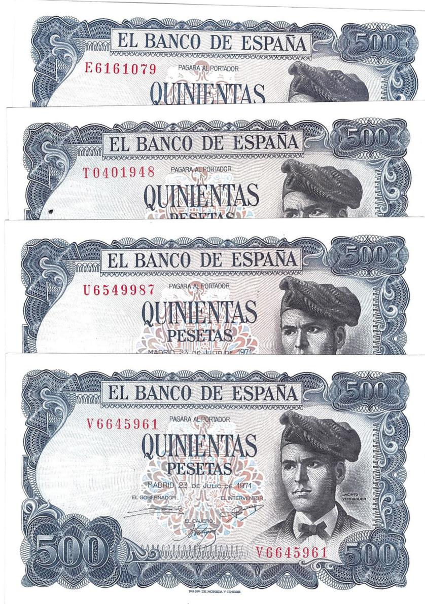 764   -  BILLETES ESPAÑOLES. BANCO DE ESPAÑA. Lote de 5 billetes de 500 pesetas. 7-1971. Series E, T, U y V. ED-74a. Plancha.