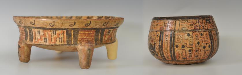 2041   -  PREHISPÁNICO. Lote de dos elementos cerámicos: un plato votivo y un cuenco ritual, ambos decorados con figuras antropomorfas y elementos vegetales.  Cultura Maya (550-950 d.C.). Cerámica policromada. Los dos parcialmente reconstruidos. Diámetro 28,4 cm y 14 cm.