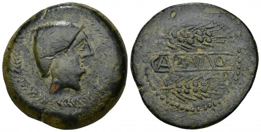 3006   -  HISPANIA ANTIGUA. CARMO. Unidad. A/ Cabeza con casco a der., alrededor láurea. R/ Dos espigas a der., en medio entre líneas CARMO. AE 27,41 g. 36 mm. I-454. ACIP-2382. Golpes en anv. Pátina verde oscuro. MBC-.