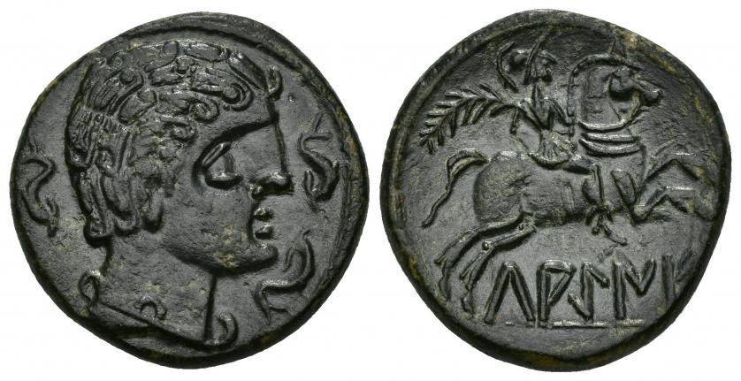 101   -  HISPANIA ANTIGUA. LAKINE. Unidad. A/ Cabeza masculina con torques a der., alrededor tres delfines. R/ Jinete con palma a der., debajo sobre línea LAKiNE. AE 11,24 g. 24,9 mm. I-1656. ACIP-1505. Pátina oscura. EBC+.