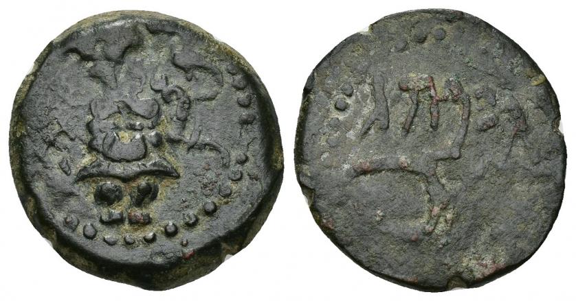 3020   -  HISPANIA ANTIGUA. EBUSUS. Semis. A/ Bes, a izq. letra fenicia aleph. AE 6,52 g. 20 mm. I-757. ACIP-727. Pátina oscura. MBC/MBC-.