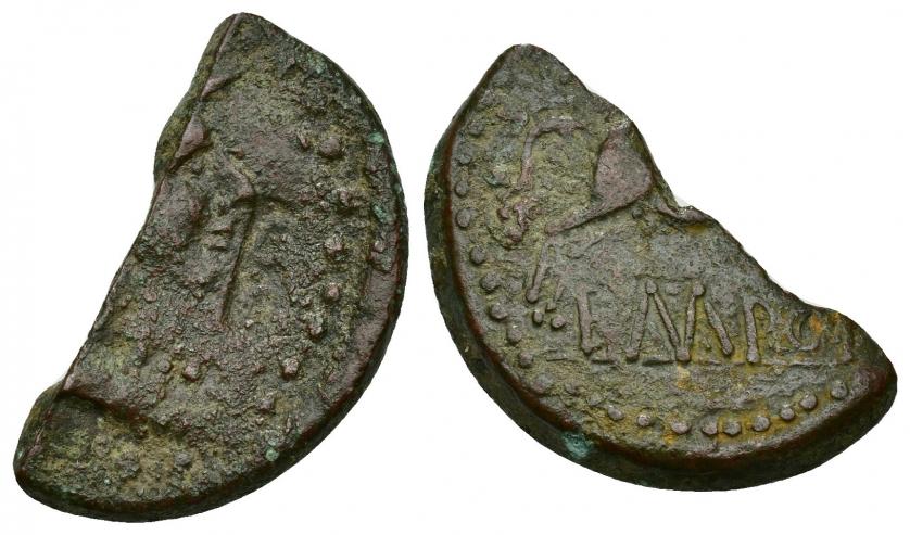 3028   -  HISPANIA ANTIGUA. EMPORITON. As partido por la mitad. Resello DD en anv. AE 7,39 g. 26,7 mm. BC+. Rara.