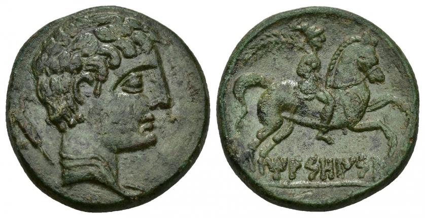 103   -  HISPANIA ANTIGUA. MASONSA. Unidad. A/ Cabeza masculina con torques a der., detrás timón. R/ Jinete con palma a der., debajo sobre línea MASONSA. AE 9,58 g. 23,9 mm. I-1747. ACIP-1223. Bonita pátina verde. Pieza excepcional por su rareza y conservación. EBC. Rara. Ex subasta Jesús Vico 143, lote 303. 