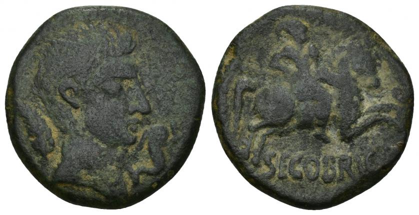 3056   -  HISPANIA ANTIGUA. SEGOBRIGA. As. A/ Cabeza a der., delante delfín, detrás palma. R/ Jinete con palma, debajo SEGOBRIG(A). AE 10,17 g. 26,27 mm. I-2182. APRH-470a. ACIP-1844 (Konterbia Karbika) y 3240. Pátina verde oscuro. MBC-. Ex subasta Jesús Vico 21 (1992), lote 1012.