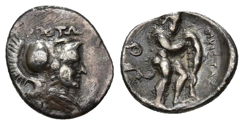 3075   -  GRECIA ANTIGUA. BRUTTIUM. Crotona. Sexto (s. V a.C.). A/ Cabeza de Atenea a der., encima (K).ROTW. R/ Heracles a der. con leonté y apoyado en clava, delante OIKISTAS, detrás q. AR 1,11 g. 13,54 mm. COP-1818. SBG-480. Rayas. MBC. Ex colección Guadán, 1492.