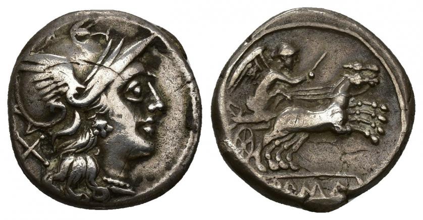 3114   -  REPÚBLICA ROMANA. ANÓNIMO. Denario. Roma (211 a.C.). A/ Cabeza de Roma a der., detrás X. R/ Victoria con fusta en biga a der., debajo en cartela ROMA. AR 4,29 g. 16,44 mm. CRAW-197.1. FFC-77. Ligeramente abrillantada. MBC.