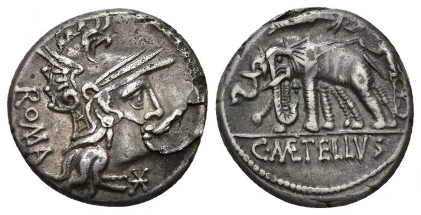 3117   -  REPÚBLICA ROMANA. CAECILIA. C. Caecilius Metellus Caprarius. Denario. Roma (125 a.C.). A/ Cabeza de Roma a der., detrás ROMA. R/ Júpiter en biga de elefantes a izq. encima Victoria a der. sobrevolando, en exergo C METELLVS. AR 3,85 g. 17,53 mm. CRAW-269.1. FFC-203. Hojas sin saltar. MBC/MBC+.