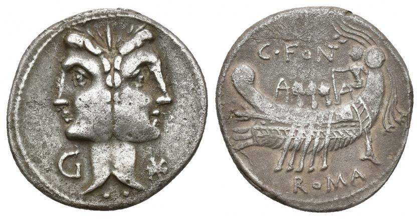 3126   -  REPÚBLICA ROMANA. FONTEIA. C. Fonteius. Denario. Roma (114-113 a.C.). A/ Cabeza janiforme, a izq. G. R/ Galera a izq. con timonel y tres remeros; encima C FONT, debajo ROMA. AR 3,75 g. 19,64 mm. CRAW-290.1. FFC-713. MBC-.