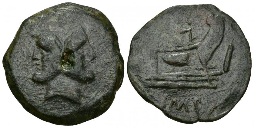 3139   -  PERIODO DE JULIO CÉSAR A AUGUSTO. POMPEYO. As. Hispania (46-45 a.C.). A/ Cabeza de Jano. R/ Proa a der., encima (CN MA).G, debajo IMP. AE 17,67 g. 33,8 mm. CRAW-471.1. Erosión en anv. Pátina verde. BC+/MBC.