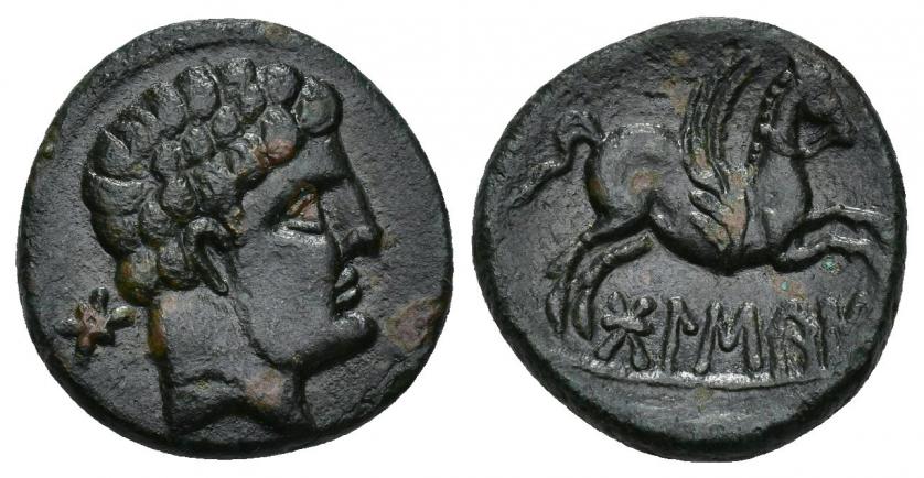 115   -  HISPANIA ANTIGUA. BOLSKAN. Mitad. A/ Cabeza masculina a der., detrás signo ibérico Bo. R/ Pegaso a der., debajo sobre línea ley. ibérica BoLSKaN. AE 4,24 g. 17,1 mm. I-1921. ACIP-1416. Pátina oscura con tonos rojos. MBC+. Rara.