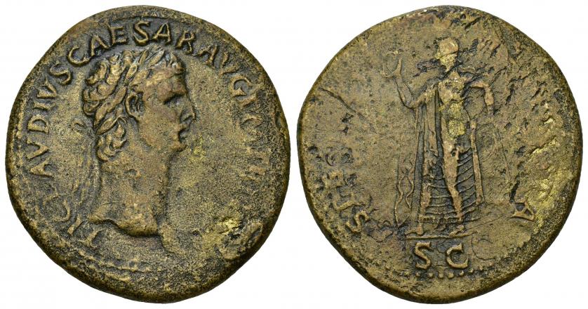 3156   -  IMPERIO ROMANO. CLAUDIO I. Sestercio. Roma (50-54 d.C.). A/ Cabeza laureada a der.; TI CLAVDIVS CAESAR AVG P M TR P IMP P P. R/ Spes a izq. con flor y levantándose el vestido, S-C; SPES AVGVSTA. AE 23,13 g. 38,4 mm. RIC-115. Vanos. MBC-/BC.