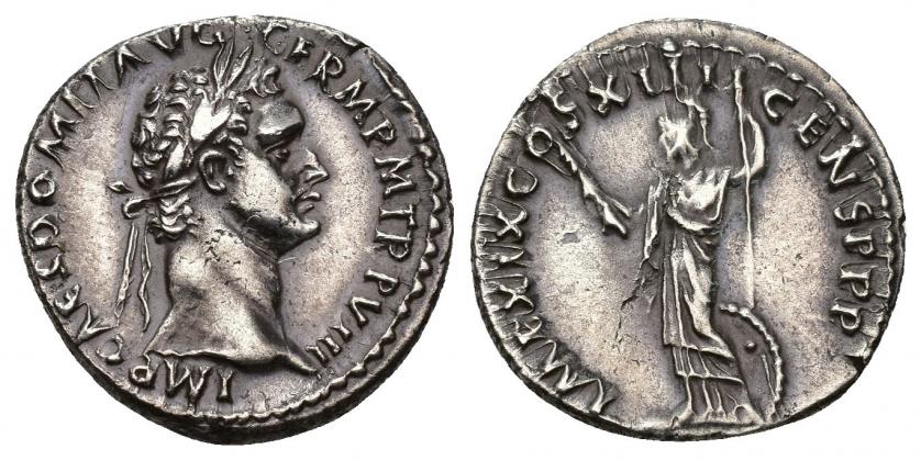 3172   -  IMPERIO ROMANO. DOMICIANO. Denario. Roma (88-89 d.C.). A/ Cabeza laureada a der.; IMP CAES DOMIT AVG GERM P M TR P VIII. R/ Minerva a izq. con haz de rayos y lanza, a sus pies escudo; IMP XIX COS XIIII CENS P P P. AR 3 g. 18,39 mm. RIC-669. Pequeñas marcas de acuñación. Limpiada. MBC+.