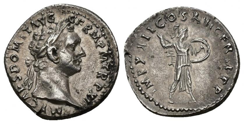 3176   -  IMPERIO ROMANO. DOMICIANO. Denario. Roma (92-93 d.C.). A/ Cabeza laureada a der. R/ Minerva avanzando a der. con escudo y lanza; IMP XXII COS XVI CENS P P. AR 3,31 g. 18,96 mm. RIC-739. Pequeñas marcas de acuñación. MBC+.