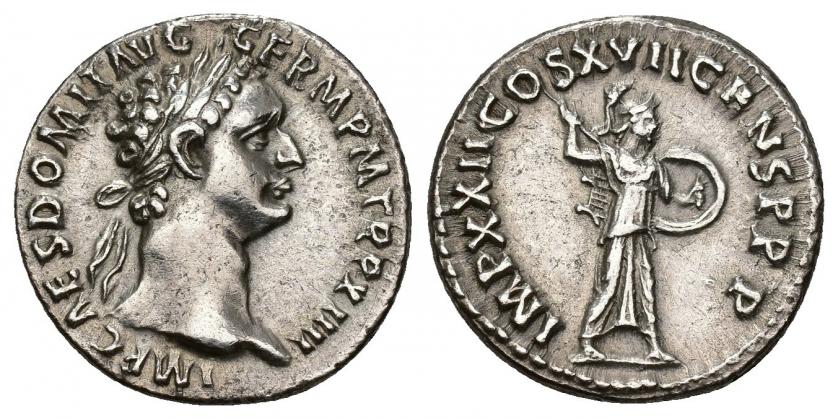 3177   -  IMPERIO ROMANO. DOMICIANO. Denario. Roma (95 d.C.). A/ Cabeza laureada a der.; IMP CAES DOMIT AVG GERM P M TR P XIIII. R/ Minerva con escudo y lanza avanzando a der.; IMP XXII COS XVII CENS P P P. AR 3,56 g. 18,31 mm. RIC-770. MBC+.