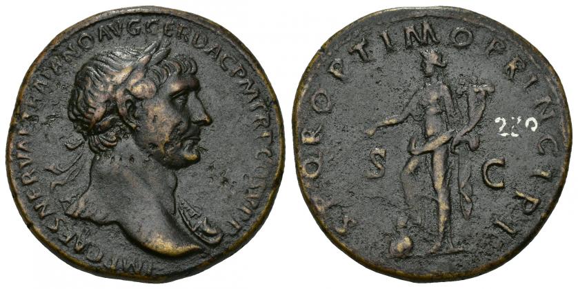 3192   -  IMPERIO ROMANO. TRAJANO. Sestercio. Roma (103-111). A/ Busto laureado y con égida a der.; IMP CAES NERVAE TRAIANO AVG GER DAC P M TR P COS V P P. R/ Pax a izq. con cornucopia, rama y pie apoyado en torso de dacio; SPQR OPTIMO PRINCIPI, S-C. AE 22,21 g. 33,12 mm. RIC-503. Pátina oscura con pequeñas erosiones. MBC/MBC-.