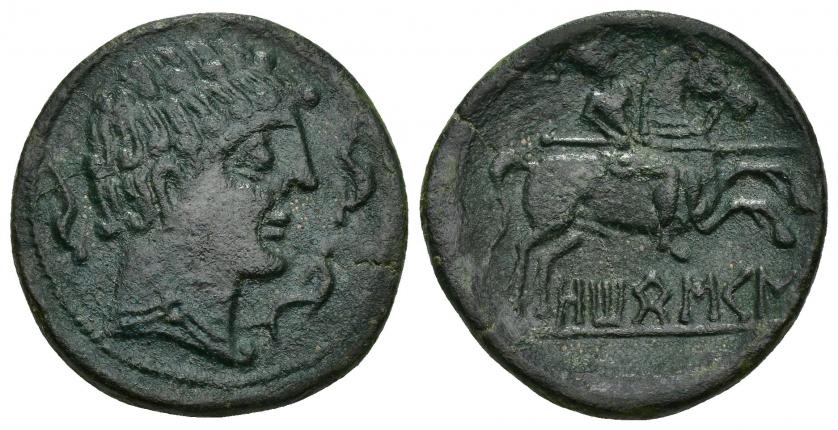 120   -  HISPANIA ANTIGUA. OTOBESKEN. Unidad. A/ Cabeza masculina con cuello vestido y fíbula a der., alrededor tres delfines. R/ Jinete lancero a der., debajo sobre línea OToBeSKeN. AE 8,67 g. 25,7 mm. I-1979. ACIP-1514. Pátina verde. MBC+. Rara.