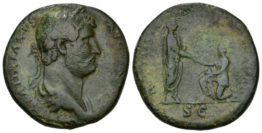 3206   -  IMPERIO ROMANO. ADRIANO. Sestercio. Roma (130-133). A/ Busto laureado y drapeado a der.; HADRIANVS AVG (COS III P P). R/ Adriano a der. alzando a Bythinia con pie sobre proa; RESTITVTORI B(YTH)INIAE. AE 25,36 g. 31,80 mm. RIC-947. golpe en anv. BC+. Rara.