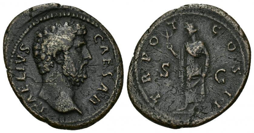 3211   -  IMPERIO ROMANO. LUCIO ELIO VERO. As. Roma (137). A/ Cabeza a der.; L AELIVS CAESAR. R/ Spes a izq. con flor y sujetándose la ropa; TR POT COS II, S-C. AE 9,45 g. 30,29 mm. RIC-2700. Rayitas. MBC-/BC+.