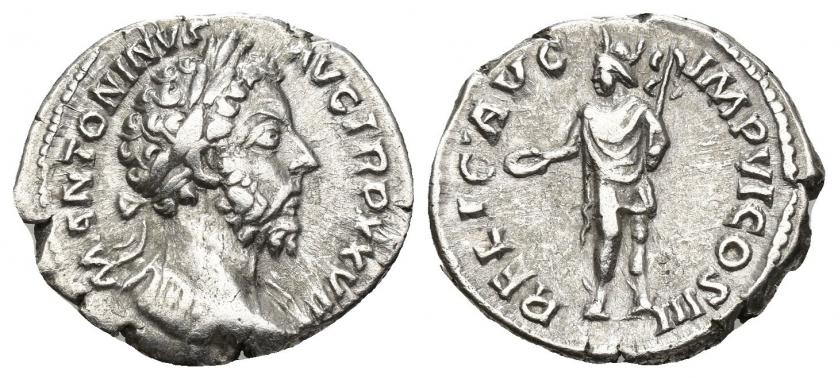 3219   -  IMPERIO ROMANO. MARCO AURELIO. Denario. Roma (172-173). R/ Mercurio a izq. con pátera y caduceo; RELIG AVG IMP VI COS III. AR 3,37 g. 20,11 mm. RIC-285A. Cospel abierto. MBC.