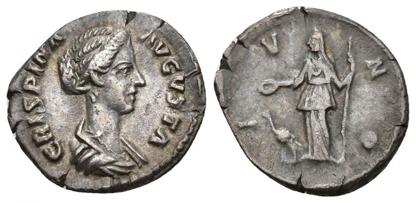 3227   -  IMPERIO ROMANO. CRISPINA. Denario. Roma (178-191). A/ Busto drapeado a der.; CRISPINA AVGVSTA. R/ Juno a izq. con pátera y cetro, delante pavo real; IVNO. AR 2,8 g. 19,3 mm. RIC-283. Cospel abierto. MBC.