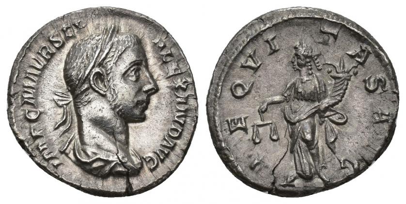 3252   -  IMPERIO ROMANO. ALEJANDRO SEVERO. Denario. Roma (233-235). A/ Busto laureado y drapeado a der.; IMP C M AVR SEV ALEXAND AVG. R/ Aequitas a izq. con balanza y cornucopia; AEQVITAS AVG. AR 2,23 g. 18,2 mm. RIC-127. Grieta. EBC-/EBC.