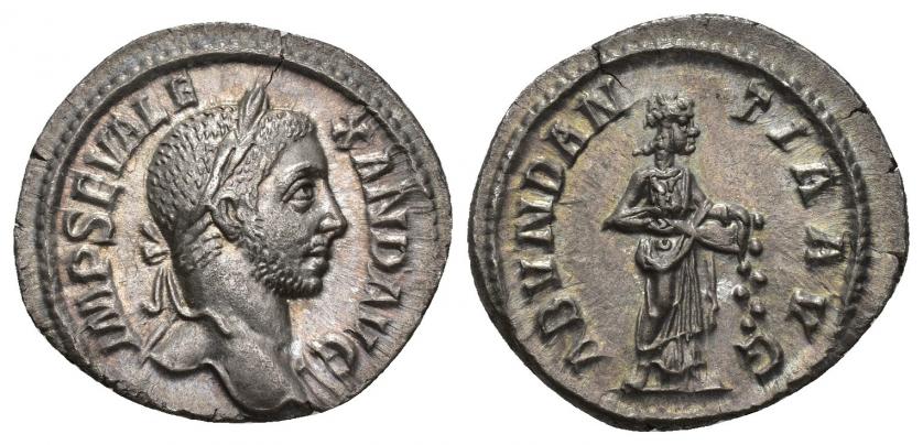 3253   -  IMPERIO ROMANO. ALEJANDRO SEVERO. Denario. Roma (228-231). A/ Busto laureado a der.; IMP SEV ALEXAND AVG. R/ Abundantia a der. vaciando con las dos manos la cornucopia. Ley: ABVNDANTIA AVG. AR 2,44 g. 20,05 mm. RIC-184. Pequeña grieta. EBC-/EBC.