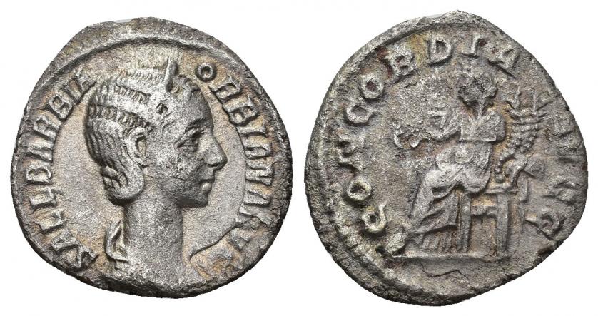 3255   -  IMPERIO ROMANO. ORBIANA (esposa de Alejandro Severo). Denario. Roma (225-227). A/ Busto diademado y drapeado a der.; SALL BARBIA ORBIANA AVG. R/ Concordia sentada a izq. con pátera y doble cornucopia; CONCORDIA AVGG. AR 1,59 g. 18,1 mm. RIC-319. Hoja en anv. MBC-/BC+. Escasa.