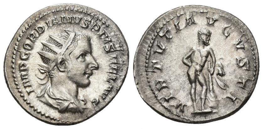 3261   -  IMPERIO ROMANO. GORDIANO III. Antoniniano. Roma (241-243). A/ Busto radiado y drapeado a der.; IMP GORDIANVS PIVS FEL AVG. R/ Hércules a der. con leonté y clava; VIRTVTI AVGVSTI. VE 4,41 g. 23,18 mm. RIC-95. MBC+.