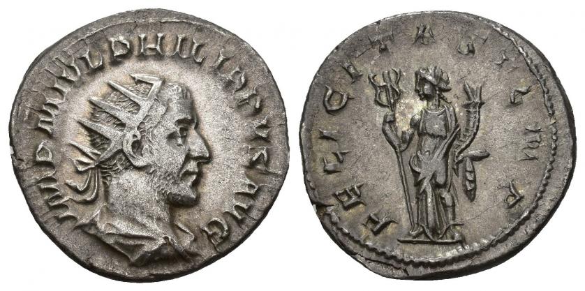 3262   -  IMPERIO ROMANO. IMPERIO ROMANO. FILIPO I. Antoniniano. Roma (244-247). A/ Busto radiado y drapeado a der.; IMP M IVL PHILIPPVS AVG. R/ Felicitas con cornucopia y caduceo; FELICITAS TEMP. VE 3,99 g. 22,33 mm. RIC-31. MBC+.