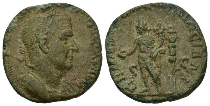 3265   -  IMPERIO ROMANO. TRAJANO DECIO. Sestercio. Roma (249-251). A/ Busto laureado y con coraza a der.; IMP C M Q TRAIANVS DECIVS AVG. R/ Genio a izq. con pátera y cornucopia, detrás estandarte; GENIVS (EXERCITVS ILLIRI)CIANI, en campo S-C. AE 14,45 g. 27,2 mm. RIC-117. Flan pequeño. Pátina verde. MBC.