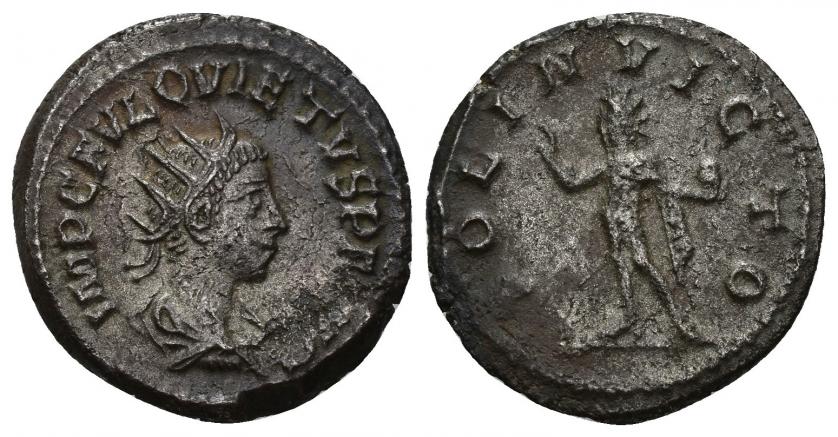 3274   -  IMPERIO ROMANO. QUIETO. Antoniniano. Antioquía (260-261). A/ Busto radiado y acorazado a der.; IMP C FVL QVIETVS P F (AVG). R/ Sol a izq. con globo; SOLI INVICTO. VE 4,54 g. 20,95 mm. RIC-10. Pequeña erosión en anv. MBC+/MBC.