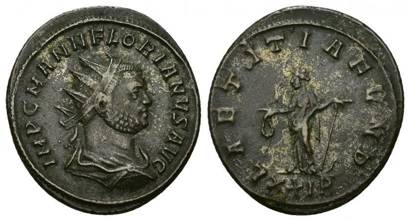 3282   -  IMPERIO ROMANO. FLORIANO. Antoniniano. Roma (276). A/ Busto radiado, acorazado y drapeado a der.; IMP C M ANN FLORIANVS AVG. R/ Laetitia a izq. con corona y ancla; LAETITIA FVND, exergo XXIB. VE 4,15 g. 23,23 mm. RIC-33. MBC.