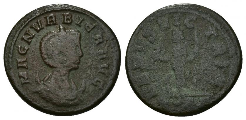 3287   -  IMPERIO ROMANO. MAGNIA URBICA. (Bajo Caro). Antoniniano. Roma (283-285). A/ Busto diademado y drapeado a der. sobre creciente; MAGN VRBICA AVG. R/ Venus a izq. con casco y lanza, a sus pies escudo; VENVS VICTRIX, en exergo K (creciente)AÇ. VE 3,57 g. 21,46 mm. RIC-343. BC/RC. Muy escasa.