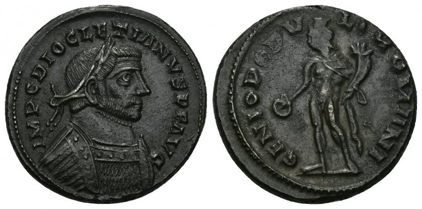 3289   -  IMPERIO ROMANO. DIOCLECIANO. (Bajo Maximiano). Follis. Londinium (300-305). A/ Busto laureado y acorazado a der.; IMP C DIOCLETIANVS P F AVG. R/ Genio a izq. con pátera y cornucopia; GENIO POPVLI ROMANI. AE 9,54 g. 26 mm. RIC-VI.6a. Pátina oscura. EBC-/MBC.